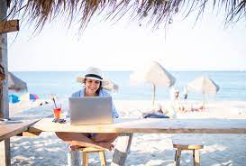 woman working on a beach